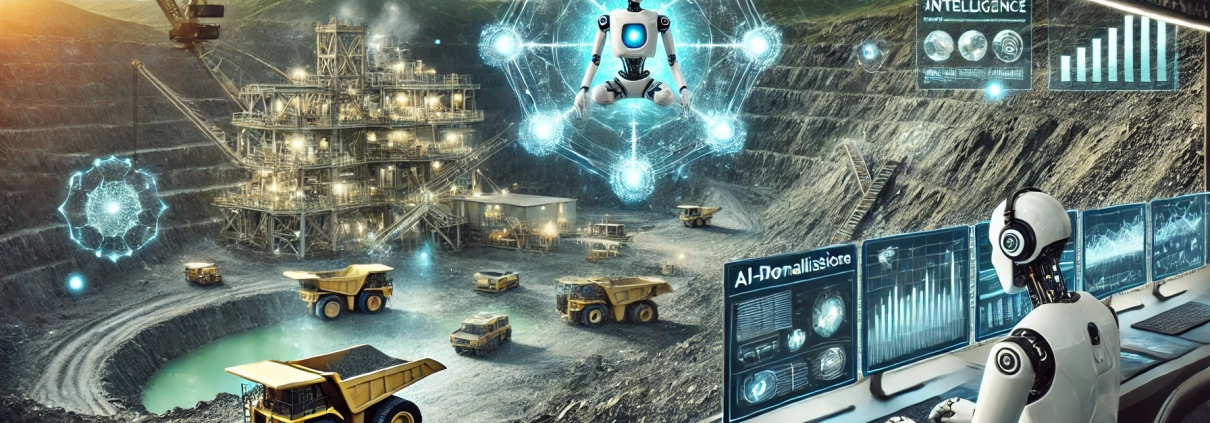 Mining site with robots, data displays, and AI visuals overseeing operations.