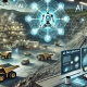 Mining site with robots, data displays, and AI visuals overseeing operations.