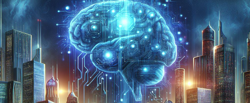 Neon blue brain with interconnected nodes against a digital cityscape background.