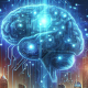 Neon blue brain with interconnected nodes against a digital cityscape background.