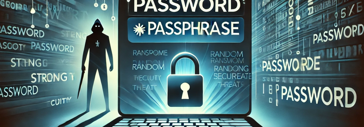 Silhouette of a figure with a weapon, surrounded by glowing text about passwords and security.