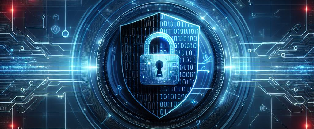 Digital shield with a padlock, set against a blue tech-themed background.