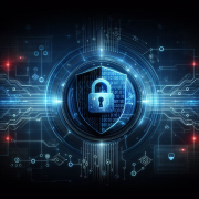 Digital shield with a padlock, set against a blue tech-themed background.