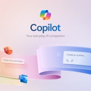 Colorful graphic featuring "Copilot" as an AI companion with app icons and text prompts.