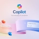 Colorful graphic featuring "Copilot" as an AI companion with app icons and text prompts.