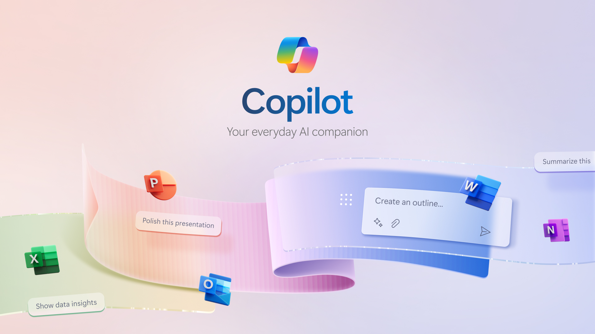 Colorful graphic featuring "Copilot" as an AI companion with app icons and text prompts.