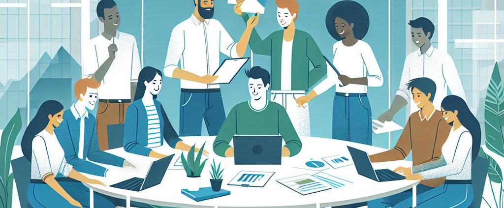 A diverse group of professionals collaborates around a circular table, engaging with laptops and papers.