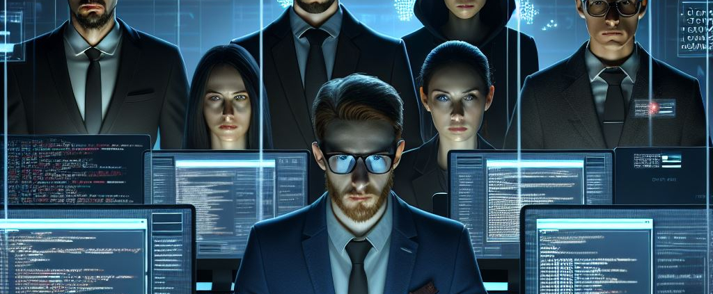 A group of six individuals in formal attire stands behind a seated person at multiple screens.