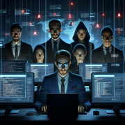 A group of six individuals in formal attire stands behind a seated person at multiple screens.