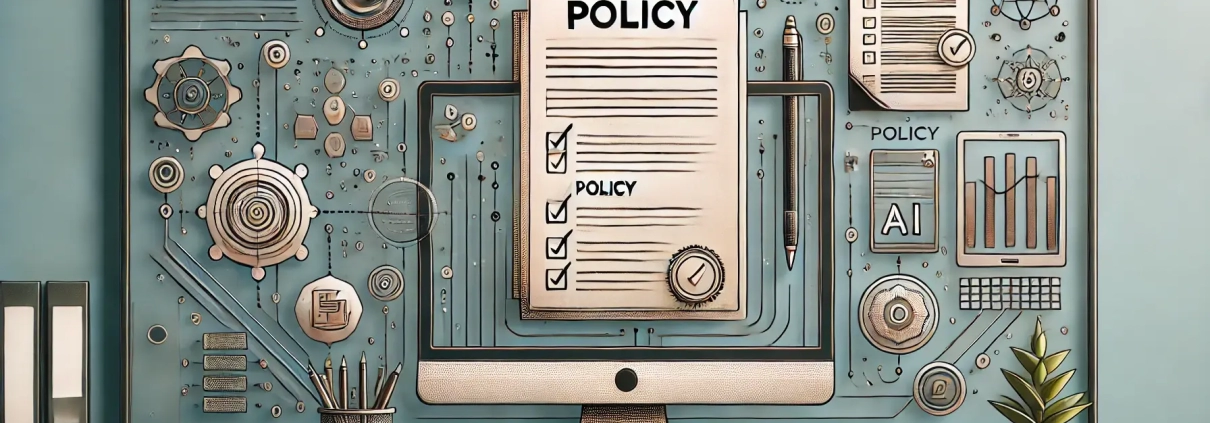 Desk with a computer displaying a policy document, surrounded by gears and tech elements.