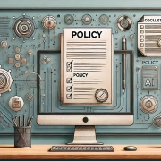 Desk with a computer displaying a policy document, surrounded by gears and tech elements.