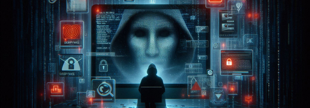 Hooded figure sits in front of a glowing screen filled with digital icons and codes.