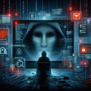 Hooded figure sits in front of a glowing screen filled with digital icons and codes.