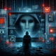 Hooded figure sits in front of a glowing screen filled with digital icons and codes.