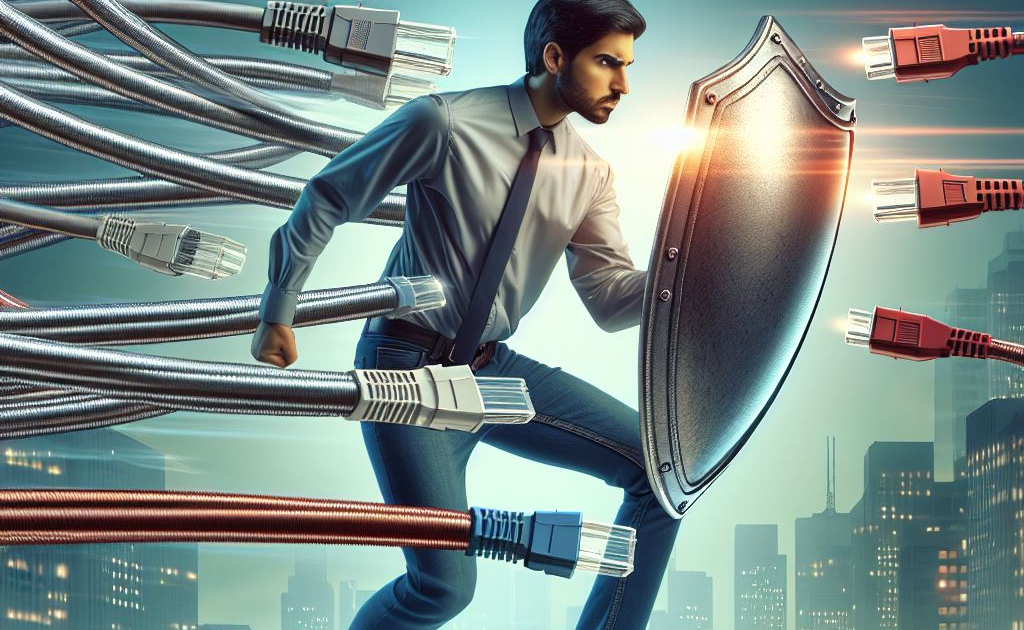 Man in business attire defends against incoming colorful cables with a shield in an urban setting.