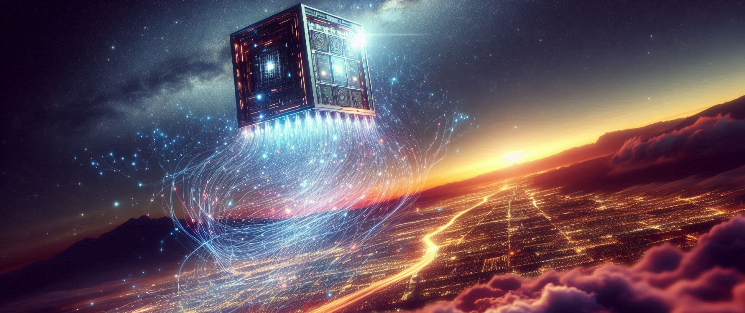 Floating cube in space, emitting light and surrounded by colorful cosmic clouds.