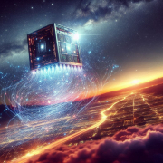 Floating cube in space, emitting light and surrounded by colorful cosmic clouds.