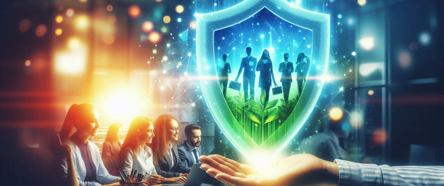 Team in a meeting with digital shield graphics and hands, symbolizing protection and growth.
