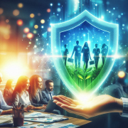 Team in a meeting with digital shield graphics and hands, symbolizing protection and growth.