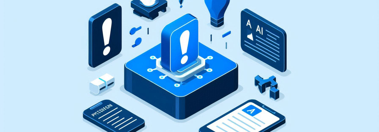 Digital illustration featuring various technology icons in blue tones, including an exclamation mark.