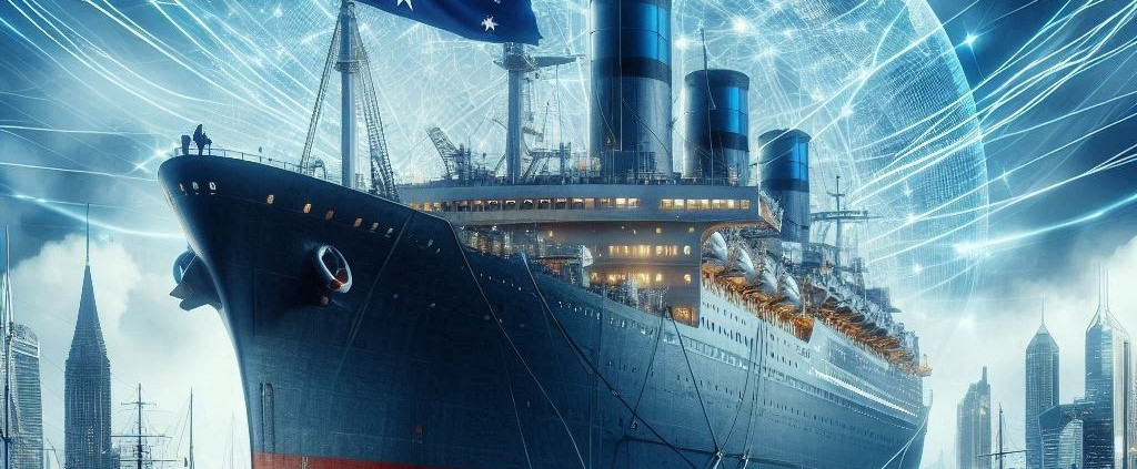 Ship sailing through turbulent waves, with an illuminated background and a flag waving.