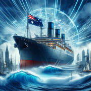 Ship sailing through turbulent waves, with an illuminated background and a flag waving.