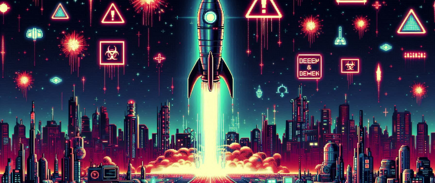 Futuristic rocket launching amidst neon cityscape and glowing symbols in a starry sky.