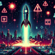 Futuristic rocket launching amidst neon cityscape and glowing symbols in a starry sky.