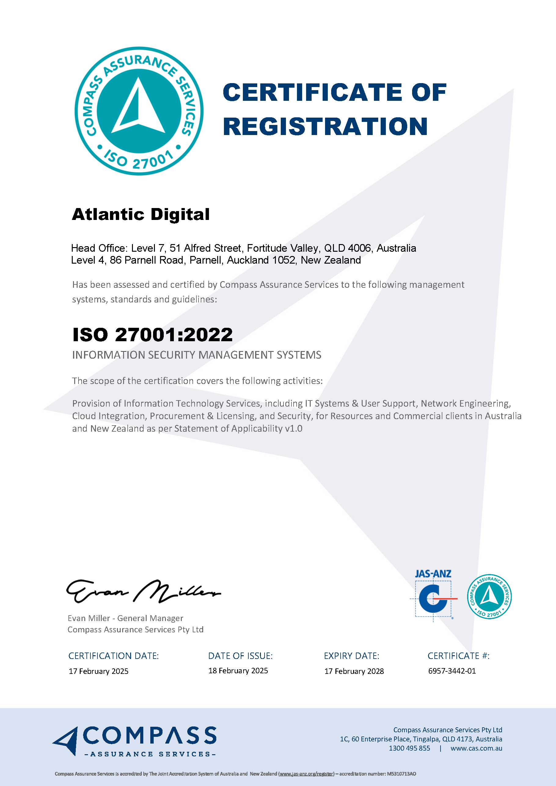 Certificate of registration for ItVisions, certifying ISO 27001:2022 standards.