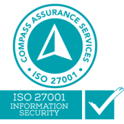 ISO 27001 certification badge featuring a teal triangle with text indicating information security.