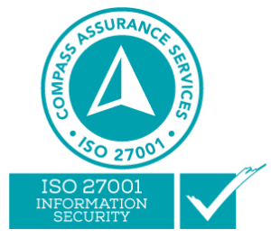 ISO 27001 certification badge featuring a teal triangle with text indicating information security.