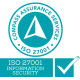 ISO 27001 certification badge featuring a teal triangle with text indicating information security.