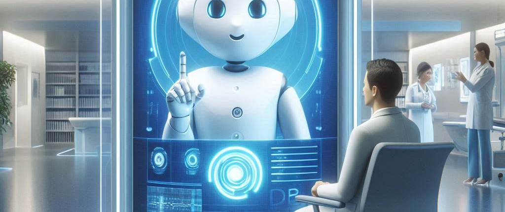 A person sits in a modern room, interacting with a holographic robot display.