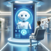 A person sits in a modern room, interacting with a holographic robot display.