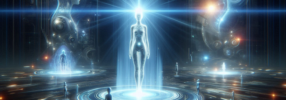 Futuristic scene with glowing humanoid figures surrounded by circular light patterns.