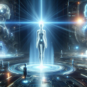 Futuristic scene with glowing humanoid figures surrounded by circular light patterns.