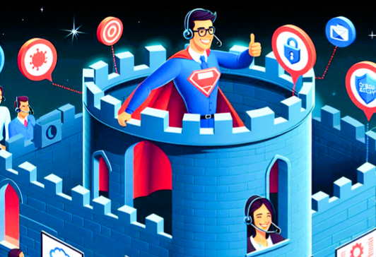 Superhero in a digital fortress, promoting cybersecurity with team members at workstations.