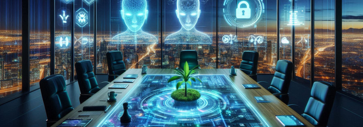 Futuristic conference room with a digital table, plant centerpiece, and holographic displays.