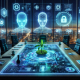 Futuristic conference room with a digital table, plant centerpiece, and holographic displays.