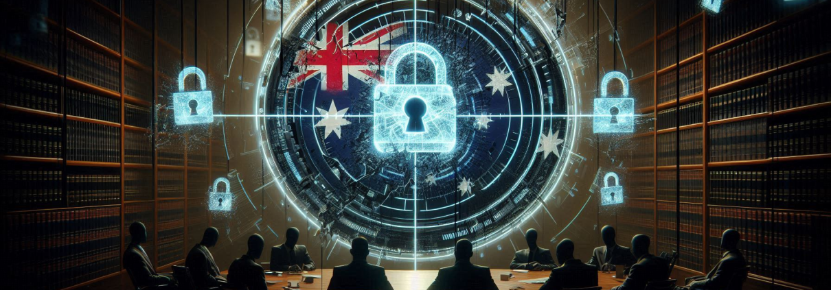 A group of people sits at a table facing a large digital security display with locks.