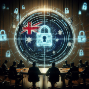 A group of people sits at a table facing a large digital security display with locks.