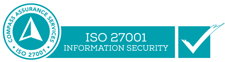 ISO 27001 certification logo featuring a compass and checkmark on a teal background.