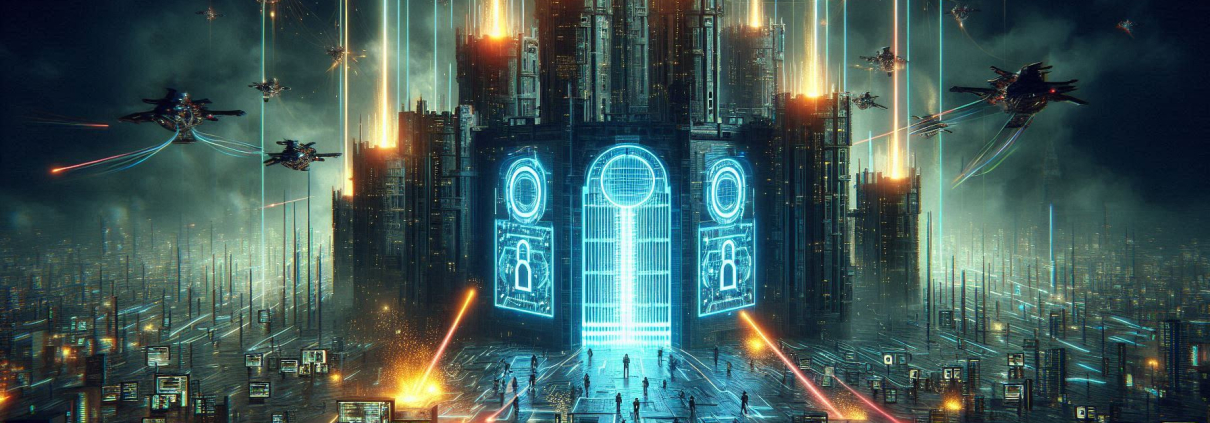 Futuristic cityscape with glowing buildings and a large illuminated keyhole structure.
