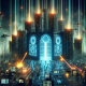 Futuristic cityscape with glowing buildings and a large illuminated keyhole structure.