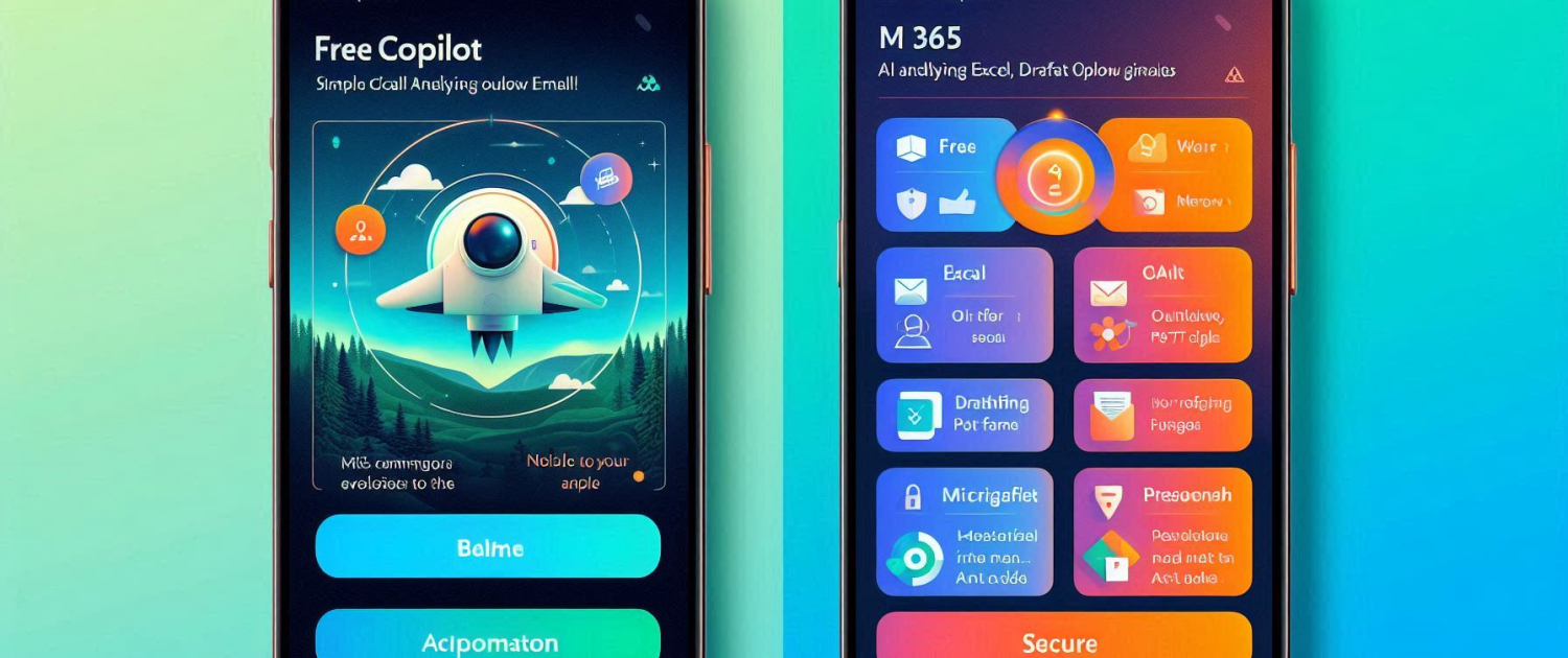 Two smartphone screens display a colorful app interface with various features and icons.
