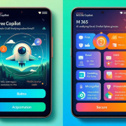 Two smartphone screens display a colorful app interface with various features and icons.
