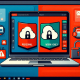 Laptop displaying two cloud security options with icons for data protection and encryption.