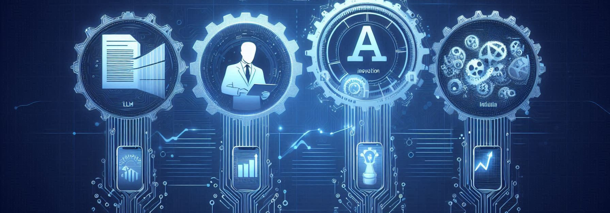 Icons representing various digital concepts in a blue tech-themed background with gears.