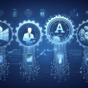 Icons representing various digital concepts in a blue tech-themed background with gears.