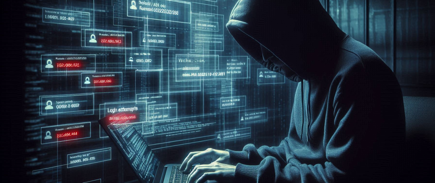 Hooded figure typing on a laptop with digital data and code in the background.